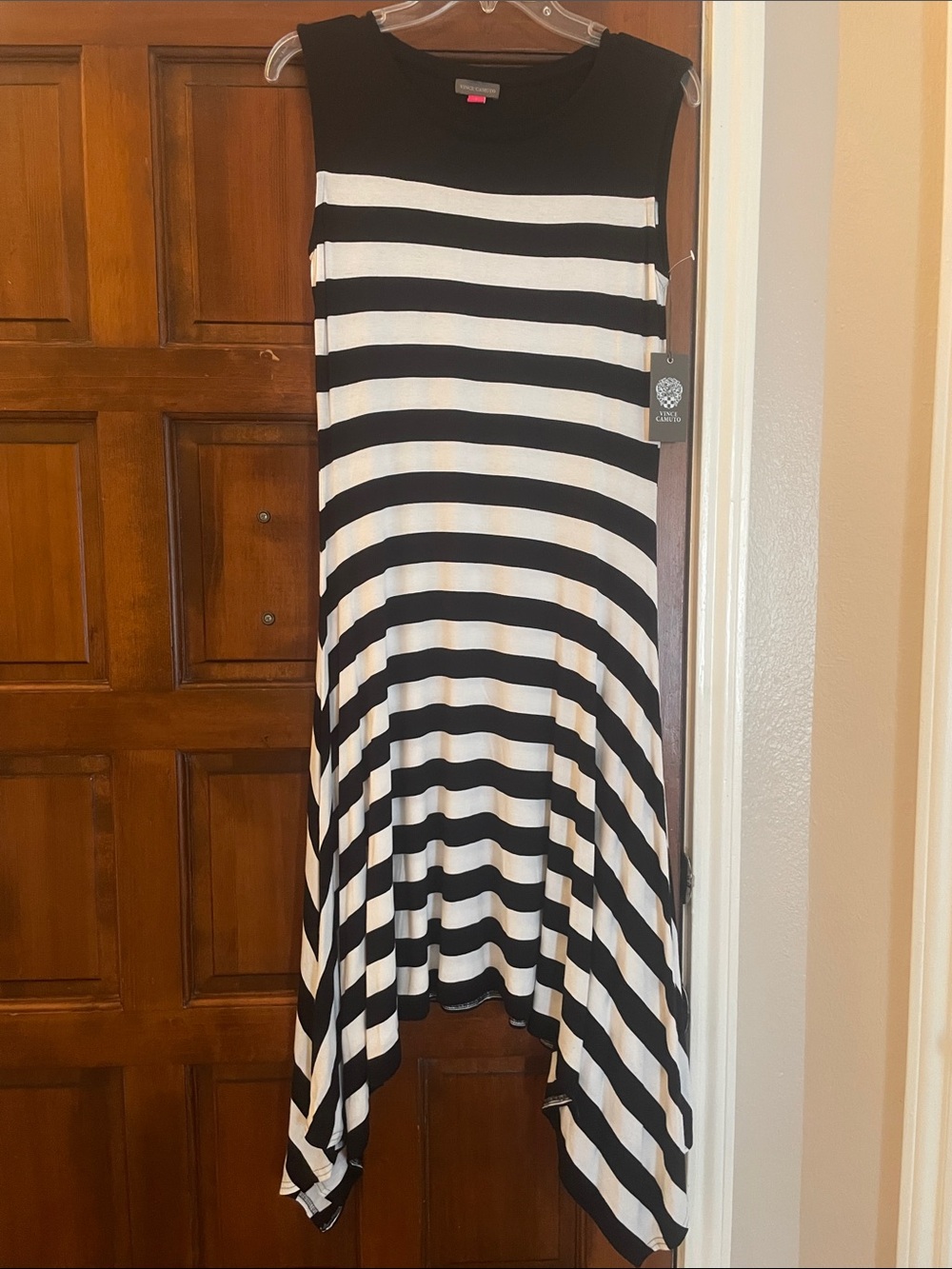 Vince Camuto Black and White Striped Asymmetrical Hem Dress